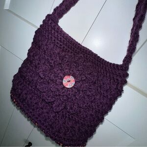 Hand Crocheted Plum Purse with Faux Leather Bottom - new